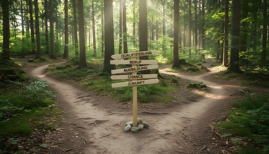 Wegweiser steht im Wald an einer Gabelung. Schilder zeigen Begriffe wie Qualifizierung, Beruf, Ausbildung, Chance, Zukunft