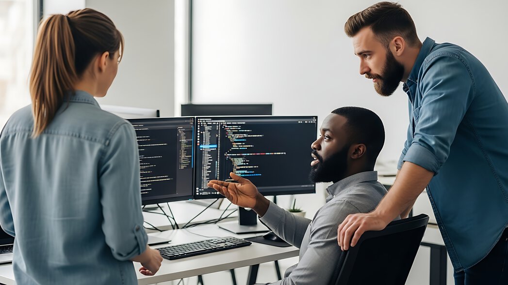 Drei Kollegen arbeiten und beraten sich gemeinsam vor zwei Computerbildschirmen