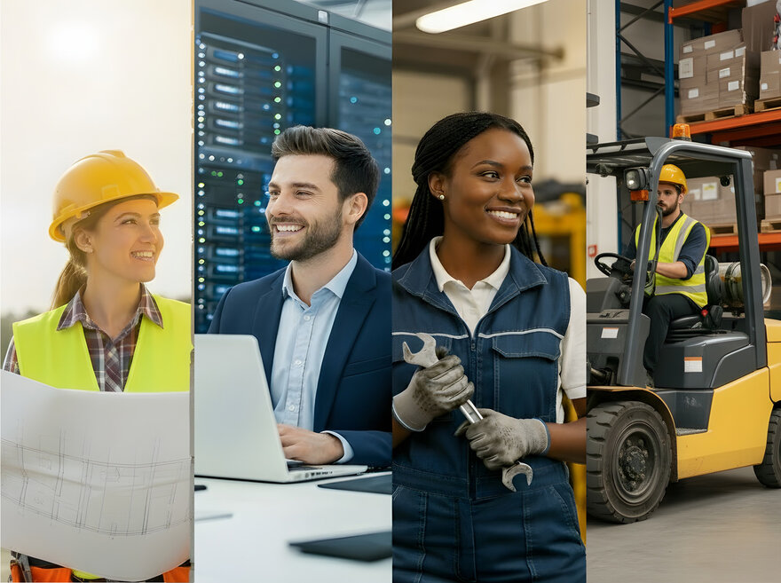 Vierteilige Collage mit Fachkräften aus Bau, IT, Technik und Logistik. Vielfalt und Professionalität in der Arbeitswelt.